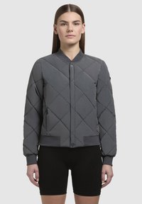 Grijze gewatteerde bomberjack met een ronde kraag, drukknopen sluiting, elastische manchetten en tailleband. Gladde textuur, minimalistisch ontwerp.