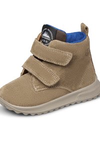 Hnědé semišové vysoké boty se suchými zipy, modrou vnitřní podšívkou a strukturovanou gumovou podrážkou s mírným podpatkem.