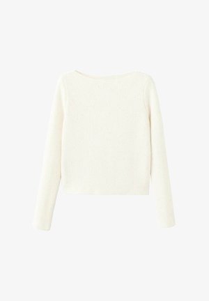Weißer, langärmeliger, gerippter Strickpullover mit leicht bootförmigem Ausschnitt und geradem Saum.