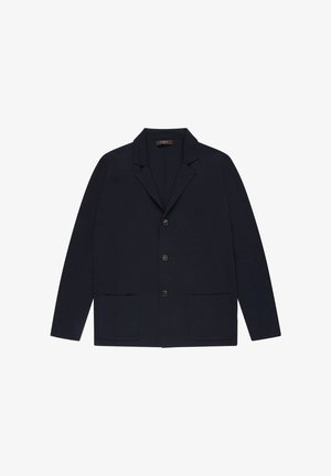 Marineblazer met een ingezette reverskraag, vier knopen en twee voorzakken. Gemaakt van een gestructureerde stof voor een strakke uitstraling.