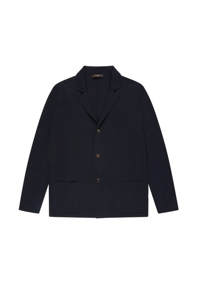 Navy blazer with a notched lapel, four buttons, and two front pockets. Made from a textured fabric for a structured look.