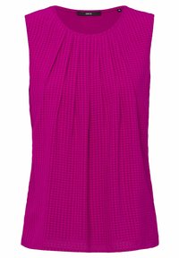 Top fucsia senza maniche con scollatura rotonda, davanti plissettato e una leggera trama a quadretti.