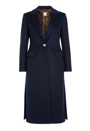 Marineblauer Mantel aus Wollmischung mit langem, tailliertem Schnitt, Reverskragen, zwei Fronttaschen und einem Futter mit Leopardenmuster. Einzelknopfverschluss.