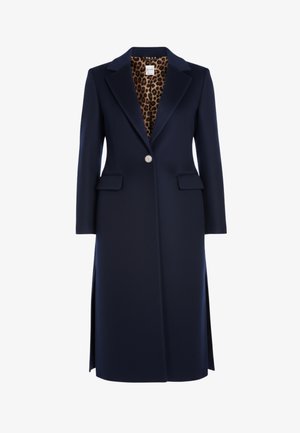 Navy wool blend coat with a long, tailored fit, notched lapels, two front pockets, and a leopard print lining. Single button closure.