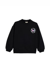 Zwarte sweatshirt met een geribde halslijn en manchetten. Aan de ene kant staat een kleurrijke geborduurde afbeelding met de tekst "Everything's Shade."
