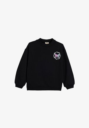 Sort sweatshirt med ribbet halsudskæring og manchetter. Den ene side har et farverigt broderet motiv med teksten "Everything's Shade."