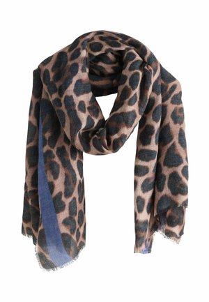 Leopard-print scarf made of soft fabric, featuring a blend of brown and black spots on a pink base with blue accents along the edges.