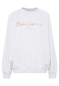 Felpa leggera grigia con colletto rotondo, maniche raglan e polsini elastici. Presenta testo ricamato "Pepe Jeans London" multicolore.