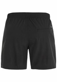 Zwarte zwemshorts met een elastische tailleband, een gladde textuur en een achterzak. Minimalistisch ontwerp zonder extra patronen of accenten.
