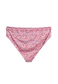Floral bikini bottom in pink, purple, and cream with a gathered waistband. Features a soft, stretchy fabric with a delicate, colorful pattern.