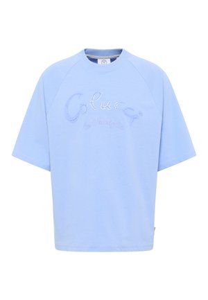 Light blue cotton t-shirt with short sleeves, round neckline, and embroidered text "Colucci la Famiglia" in contrasting threads.