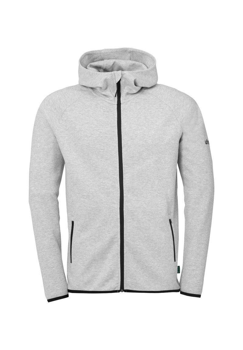 Lichtgrijze zip-up hoodie met een twee-kleurig ontwerp en zwarte rits. Voorzien van raglanmouwen en zijzakken. Zachte stoftextuur.