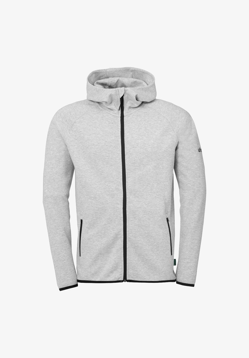 Lichtgrijze zip-up hoodie met een twee-kleurig ontwerp en zwarte rits. Voorzien van raglanmouwen en zijzakken. Zachte stoftextuur.