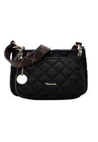Borsa a tracolla nera trapuntata con doppie scomparti, tracolla marrone decorata, cerniera argentata e charm a forma di cerchio con marchio metallico.