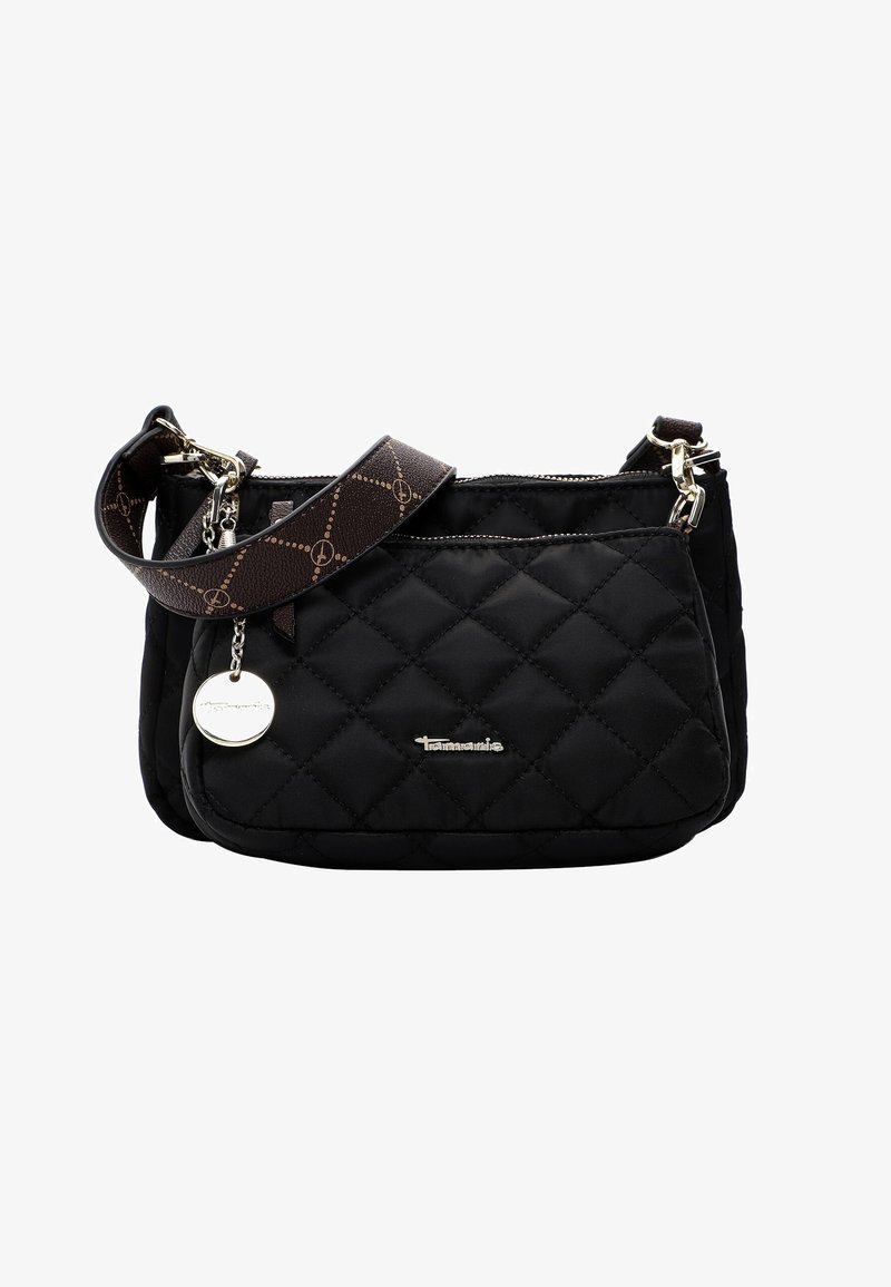 Sac en bandoulière noir matelassé avec double compartiment, bandoulière marron à motifs, fermeture éclair argentée et charme de marque métallique rond.