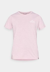 Ροζ ανοιχτό ροζ T-shirt με κοντά μανίκια από απαλό ύφασμα, με λευκό γραφικό βουνού και κείμενο "Patagonia" στο αριστερό στήθος.