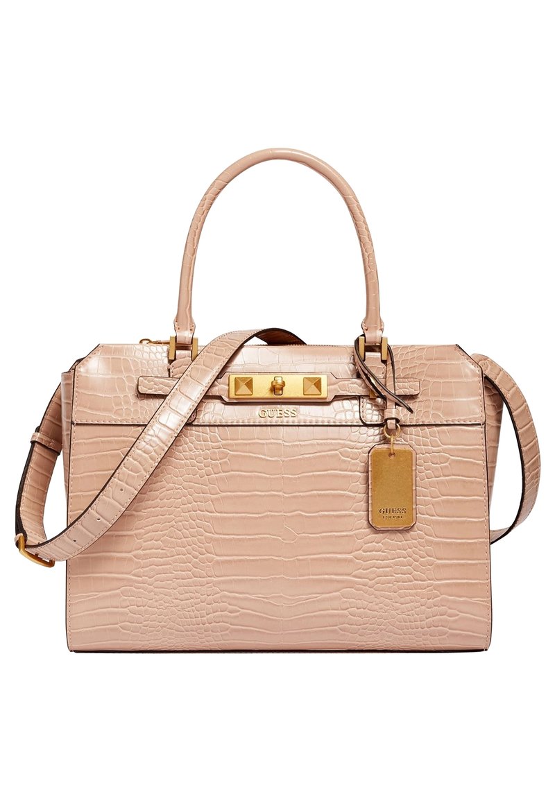 Borsa a mano in eco-pelle rosa con texture coccodrillo, accessori in oro, doppio manico, tracolla removibile e etichetta con logo. Forma quadrata con design strutturato.