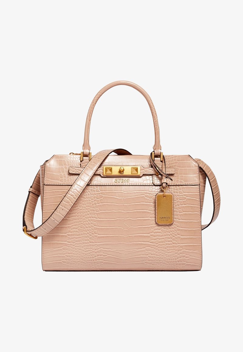 Borsa a mano in eco-pelle rosa con texture coccodrillo, accessori in oro, doppio manico, tracolla removibile e etichetta con logo. Forma quadrata con design strutturato.