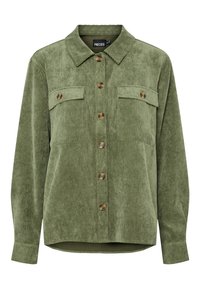 Camicia in corduroy verde con maniche lunghe, colletto e due tasche sul petto. Presenta una chiusura con bottoni e un motivo a coste testurizzato.