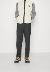 Chaleco de forro polar con mangas grises, cuerpo crema, ribete marino, cierre de cremallera; pantalones grises; zapatillas negras con cordones y acentos amarillos.