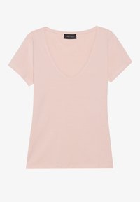 Lys rosa T-skjorte med kort erme og V-hals-design. Laget av myk stoff med en jevn tekstur og minimale sømdetaljer. Merkeetikett synlig.