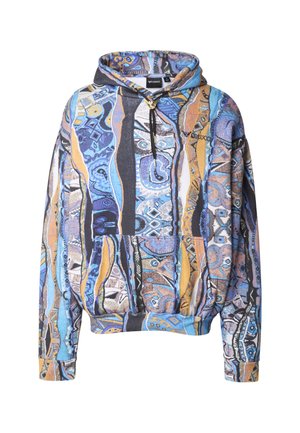 Mikina s kapucí z vícebarevné textilie s abstraktními vzory v modré, oranžové a černé barvě. Obsahuje klokaní kapsu a šňůrku na stažení.