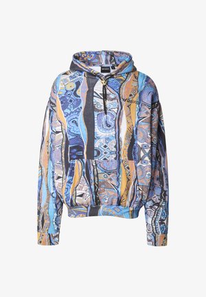 Mikina s kapucí z vícebarevné textilie s abstraktními vzory v modré, oranžové a černé barvě. Obsahuje klokaní kapsu a šňůrku na stažení.
