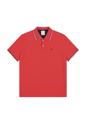 Rotes Poloshirt mit Kragen, das kontrastierende marineblaue und weiße Streifen am Kragen und den Ärmeln aufweist. Gesticktes Logo auf der Brust.