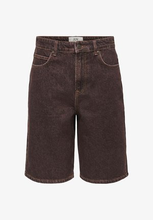 Short en denim marron foncé taille haute avec bouton à l'avant, passants de ceinture et deux poches avant, étiqueté JDY à l'intérieur de la ceinture.