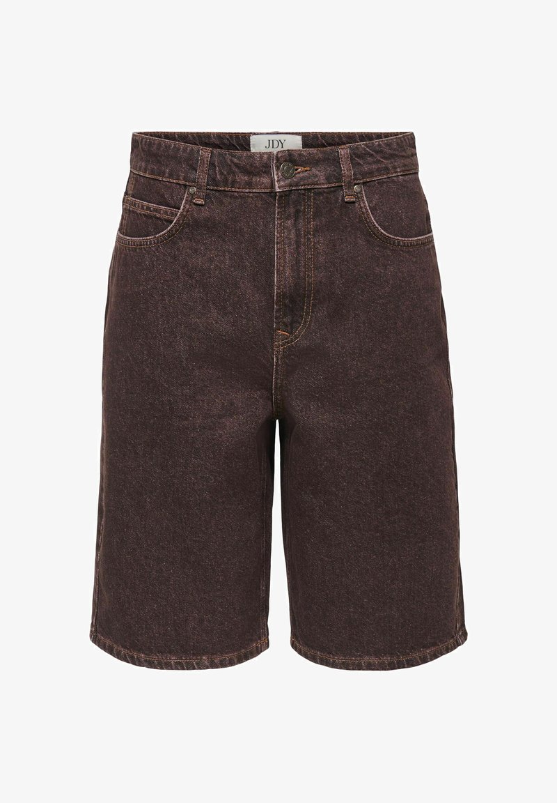 Short en denim marron foncé taille haute avec bouton à l'avant, passants de ceinture et deux poches avant, étiqueté JDY à l'intérieur de la ceinture.