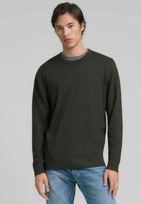 Donkergroene gebreide trui met een ronde hals en geribbelde zoom, gedragen over een grijs shirt. Model staat tegen een neutrale achtergrond.