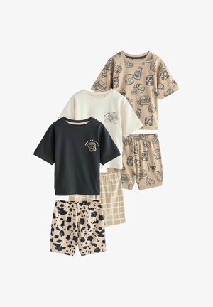 Kolm komplekti lühikeste varrukatega toppe ja lühikesi pükse: beež hommikusöögitrükiga, kreemikas väikese hommikusöögi graafikaga ning must leivaviilu graafikuga, kõik mustriliste lühikestega.