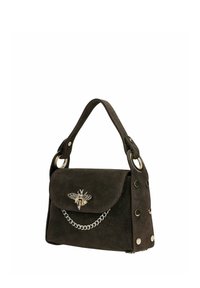 Donkerbruine suède handtas met bovenhandvat, gouden bijversiering op de klep, zilveren kettingdetail en metalen klinknagels aan de zijkanten.