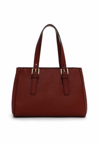 Borsa a mano strutturata in pelle rossa con finitura testurizzata, dotata di due manici robusti, accenti in hardware dorato e forma rettangolare.