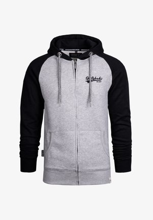 Gray and black zip-up hoodie with a drawstring hood, front pockets, and ribbed cuffs. Features logo text on the chest. Cotton blend material.