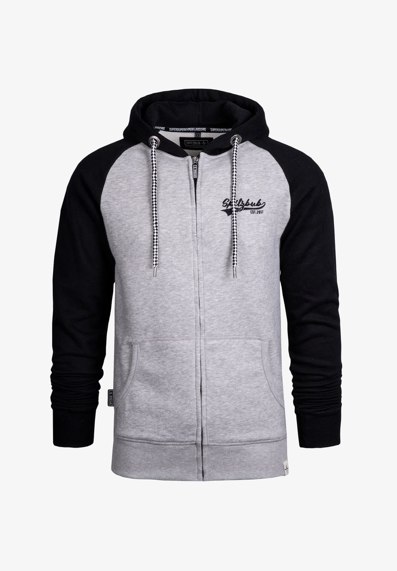 Gray and black zip-up hoodie with a drawstring hood, front pockets, and ribbed cuffs. Features logo text on the chest. Cotton blend material.