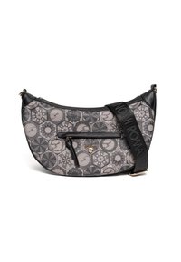 Borsa hobo con corpo in tessuto grigio a fantasia e dettagli in pelle nera. Presenta una tasca frontale con cerniera e una tracolla nera con scritte.