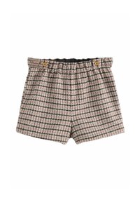 Tweed shorts med et pink, sort og hvidt ternet mønster; elastisk talje med to knapdetaljer; tekstureret stof.
