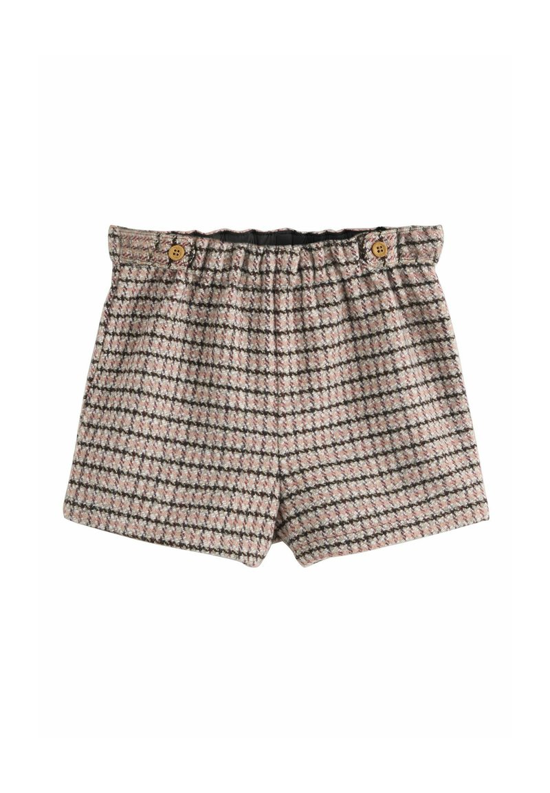 Tweed shorts med et pink, sort og hvidt ternet mønster; elastisk talje med to knapdetaljer; tekstureret stof.