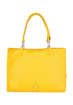 Borsa a tracolla gialla in pelle con una singola tracolla rimovibile e un piccolo dettaglio metallico esagonale vicino al centro inferiore.