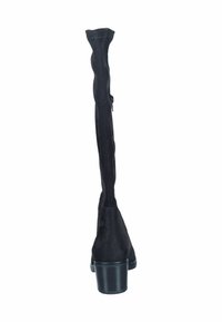 Botas negras hasta la rodilla hechas de un tejido suave, con un eje texturizado, un cierre de cremallera lateral y un tacón grueso y estriado.