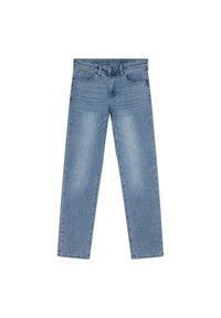 Ljusblå denimjeans med rak benform, fem fickor och subtila blekningstecken. Har en knapp- och dragkedjestängning.