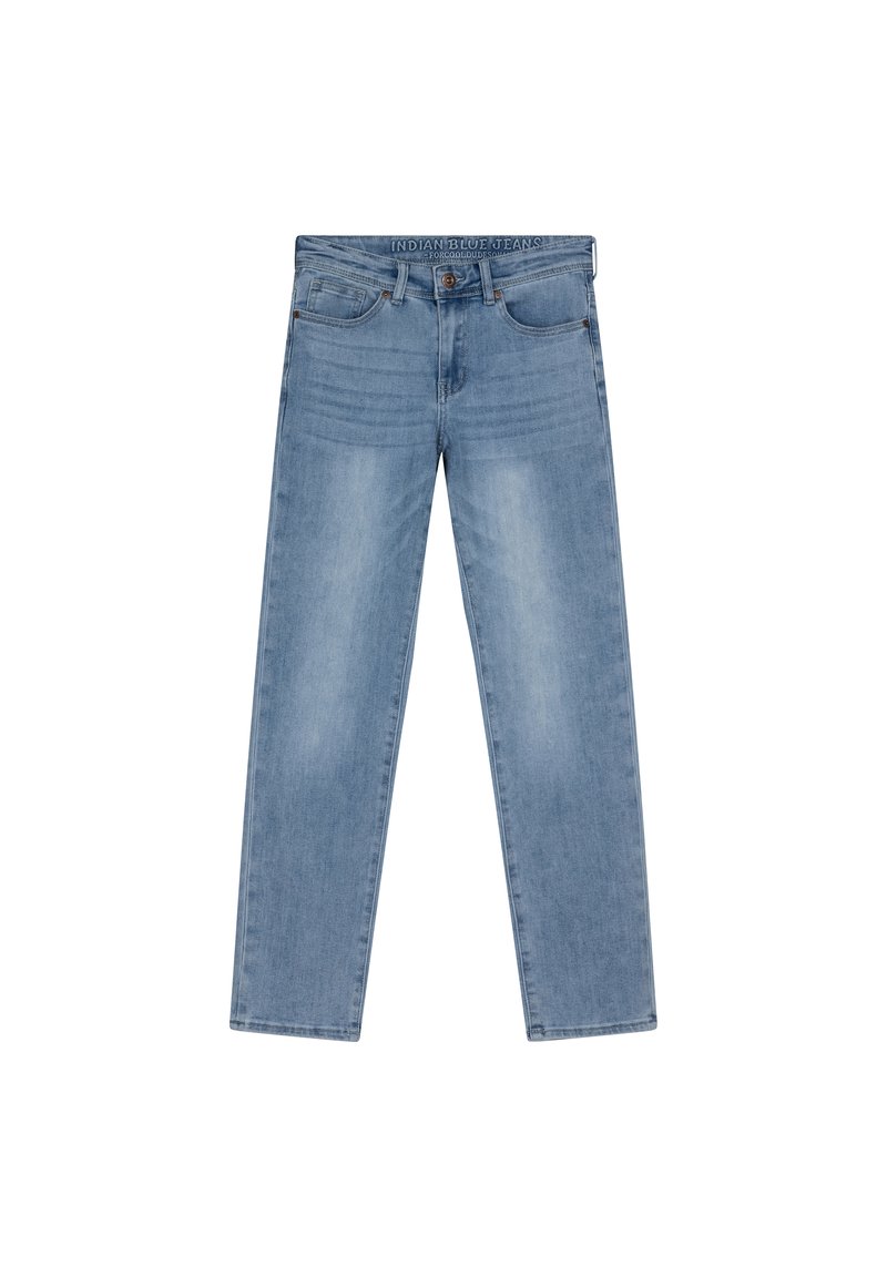 Ljusblå denimjeans med rak benform, fem fickor och subtila blekningstecken. Har en knapp- och dragkedjestängning.