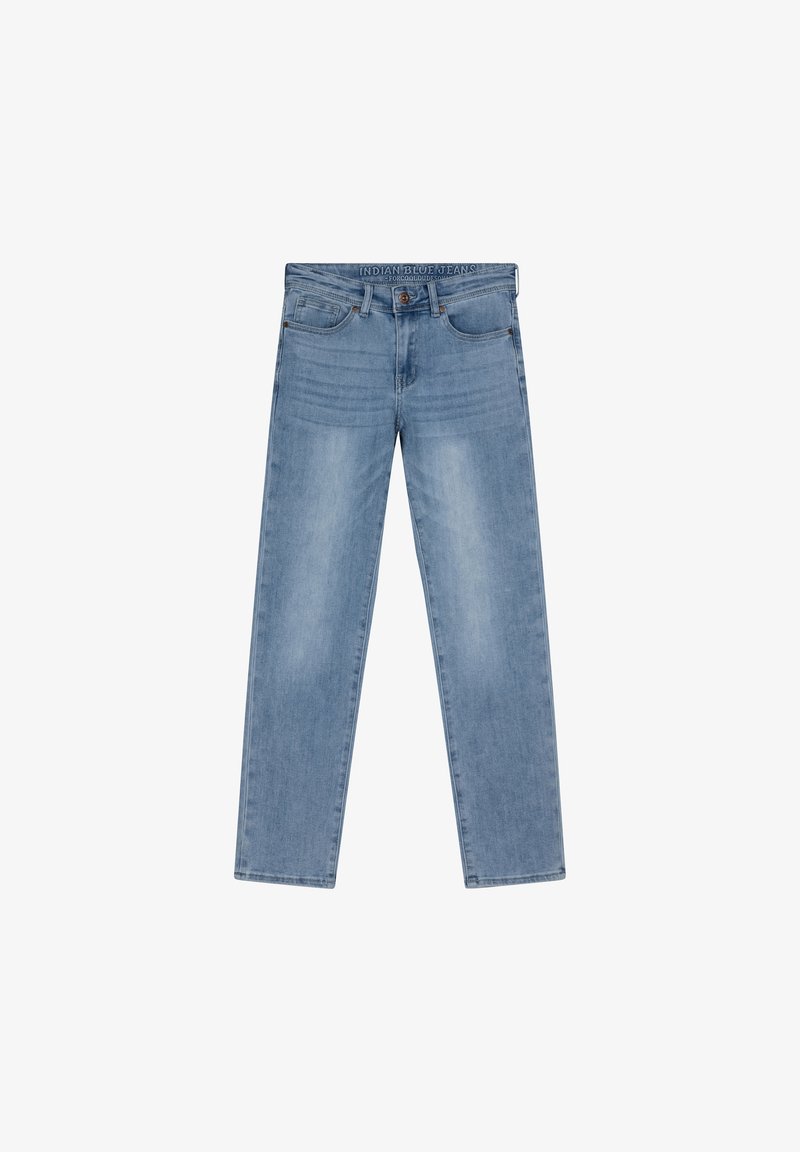 Ljusblå denimjeans med rak benform, fem fickor och subtila blekningstecken. Har en knapp- och dragkedjestängning.