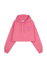 Hoodie rose court en tissu doux avec une poche avant, un capuchon à cordon de serrage et un graphique de fleur imprimé sur le côté gauche.