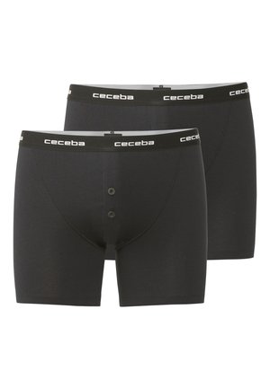 Black cotton boxer shorts with a fitted design, featuring a button fly, elastic waistband with "ceceba" branding in white. Two pairs included.