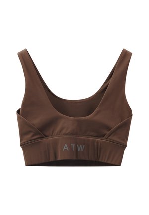 Brązowy stanik wykonany z miękkiego, elastycznego materiału. Posiada okrągły dekolt, szerokie ramiączka oraz elastyczny pas z napisem "ATW" w odcieniu szarym z przodu.