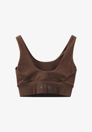 Brązowy stanik wykonany z miękkiego, elastycznego materiału. Posiada okrągły dekolt, szerokie ramiączka oraz elastyczny pas z napisem "ATW" w odcieniu szarym z przodu.