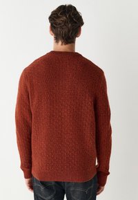 Vyriškas megztinis rudu atspalviu su raštuota pynė, apvalia apykakle, ilgomis rankovėmis ir banguotais rankogaliais bei apačia.