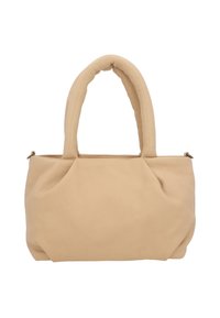 Beżowa skórzana torba zakupowa o miękkiej, teksturowanej powierzchni, zaokrąglonych uchwytach i plisowanym korpusie. Posiada górne otwarcie oraz subtelną złotą okładzinę.